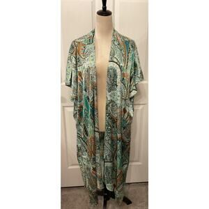 ACOA Green Bohemian Paisley Printed Longline Open Satin Kimono, S/M